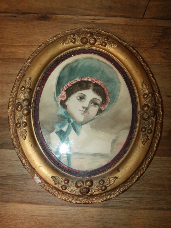 Antique ca 1880’s Primitive Americana Watercolor Portrait Folk Art Blue Bonnet