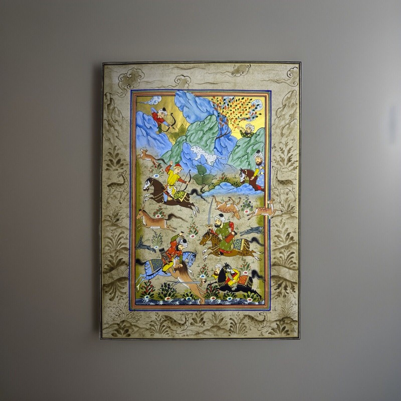 Miniature Painting PersianArt Silk Handmade Hunting To Snow Leopard 28,5 x20,5cm gallery