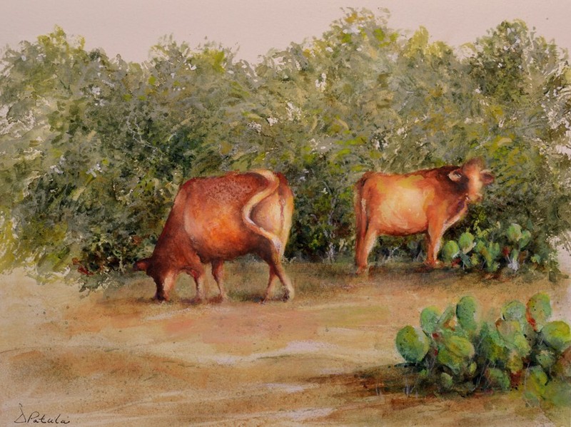 TEXAS Cattle ORIGINAL Animal WATERCOLOR PAINTING Landscape Cows Impressionism