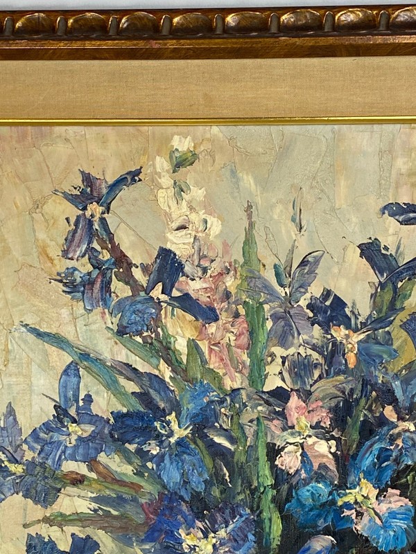 Floral Oil Painting 36x29 Gian Luigi Campanile Blue Iris 1964 Large Impasto gallery