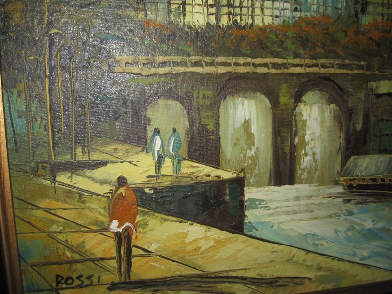 Original painting Signed Rossi Cityscape Water People Frame 29" x 25" gallery