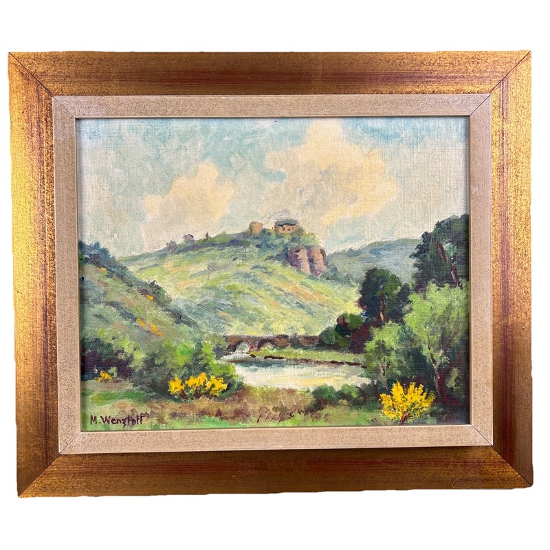 Max Wenzlaff Original Signed Oil View of Nideggen Castle & Rur 11’x9″-16″x13 F