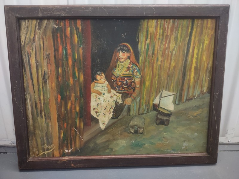 Carlo Herr Signed Framed Figurative Painting Woman & Child with Sailboat