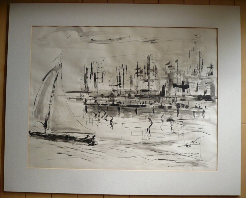 JACK N. STOUT MINIMALISM WATERCOLOR MODERN MODERNISM VINTAGE SIGNED HARBOR BOATS