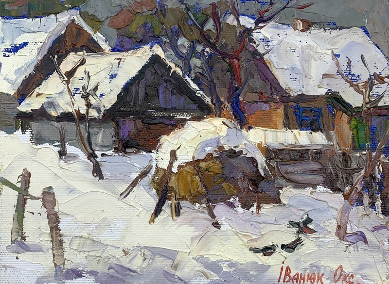 Oil Painting Winter Yard Kalenyuk O. Unframed Original Home Decor Art nAAA3097