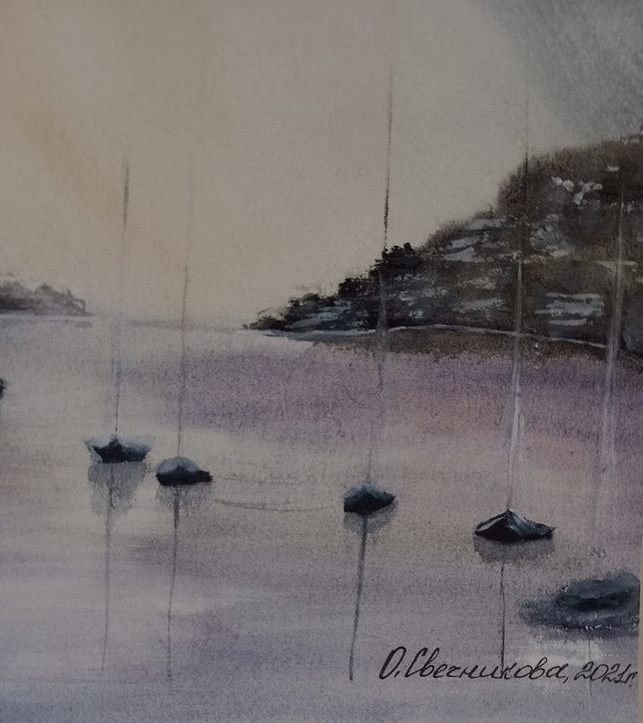 painting original watercolor seascape quiet harbor sailboats beautifulskysunrise gallery