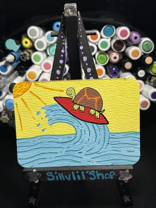 ACEO Original Art Card 2.5 x 3.5by Sillylilshop Surfin Turtle