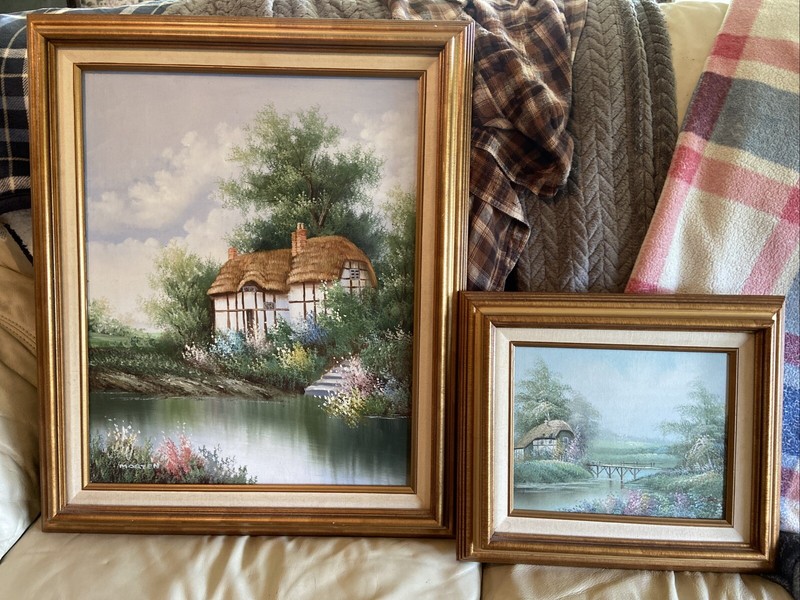 2- MARTEN Cottage Garden ORIGINAL OIL ON CANVAS PAINTING SIGNED 26×21 15×13”