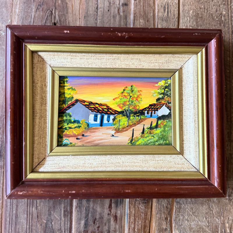 Unsigned Folk Art Latin Village Sunset Landscape Painting – Framed 10×8