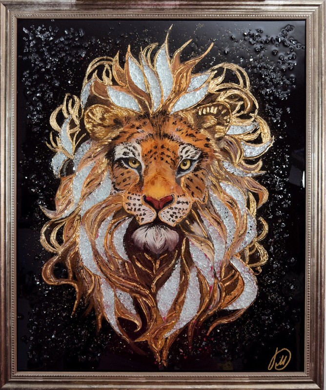 Golden Lion Wall Art, Painting Gold Leaf, Resin Crystal Picture, Modern Picture Gold