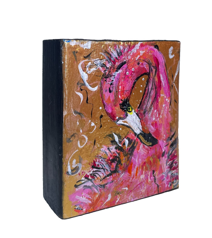 Original Flamingo Painting on Wood Block – Bright Pink Bird Art – Bold Color Pop gallery