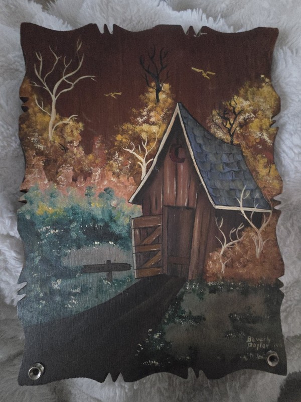 Vintage 1978 Folk Art Outhouse Barn Painting on Wood Plank Artist Signed Country