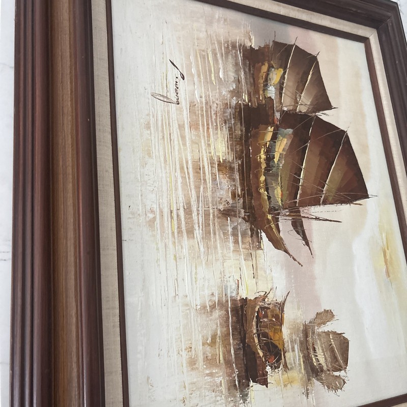 Vintage P. Wong Signed Seascape Oil Painting – Boats & Harbor – Mid-Century gallery
