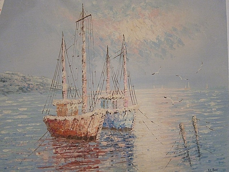 20″ x 24″ Original Seascape Seashore Ocean Boat Sea Gull Birds Oil Painting