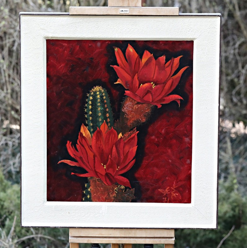 Levenberg Blooming Cactus Oil On Wood Signed Original Painting, Framed gallery