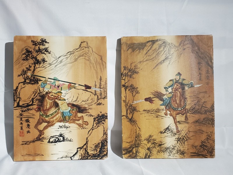 2 Vintage to Antique East Asian Calligraphy Paintings of Warriors Horseback