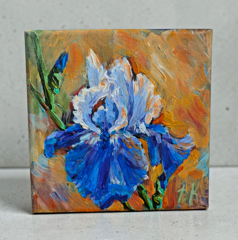 Original Acrylic Painting Blue Iris Flower Impasto Floral Art Canvas 5×5 in