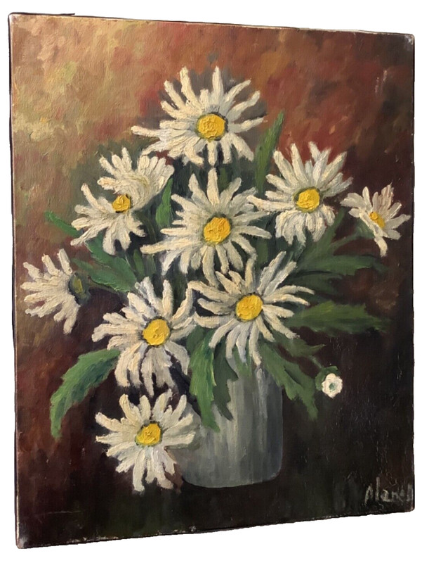 1940s French Modernism Signed Manner Kisling Still Life – Daisies Oil on Canvas