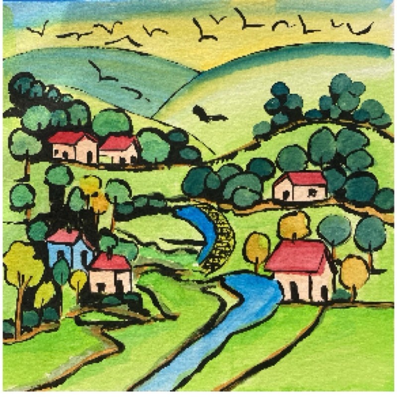 Balkan Style Village Mixed Media. Paper. 6x6inches.Signed. Not Framed