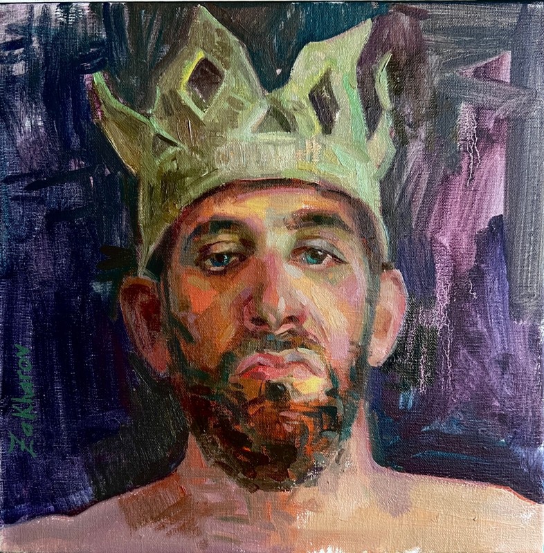 Original Oil Portrait Young Bearded Man Crown Contemporary Realism Art Signed