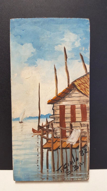 J Cirilo Bahia Signed Oil Painting On Wood Brazil Stilt House Water Boat Vtg ’82
