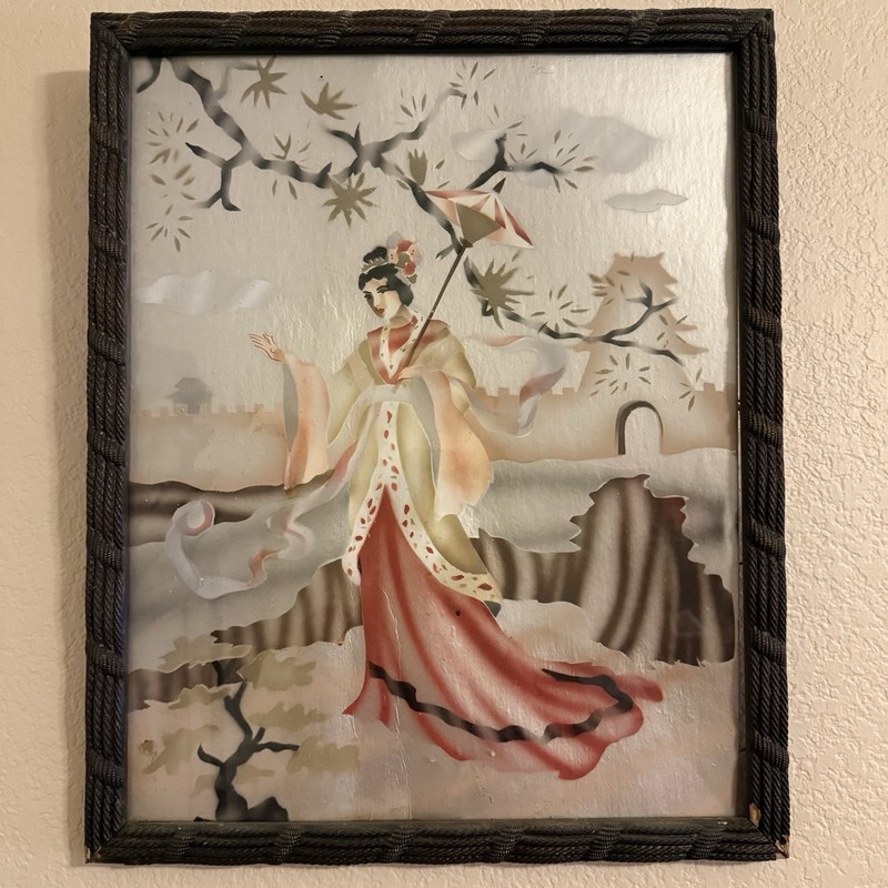 Vintage Asian Geisha Girl With Umbrella Watercolor Pastel Painting Wood Framed