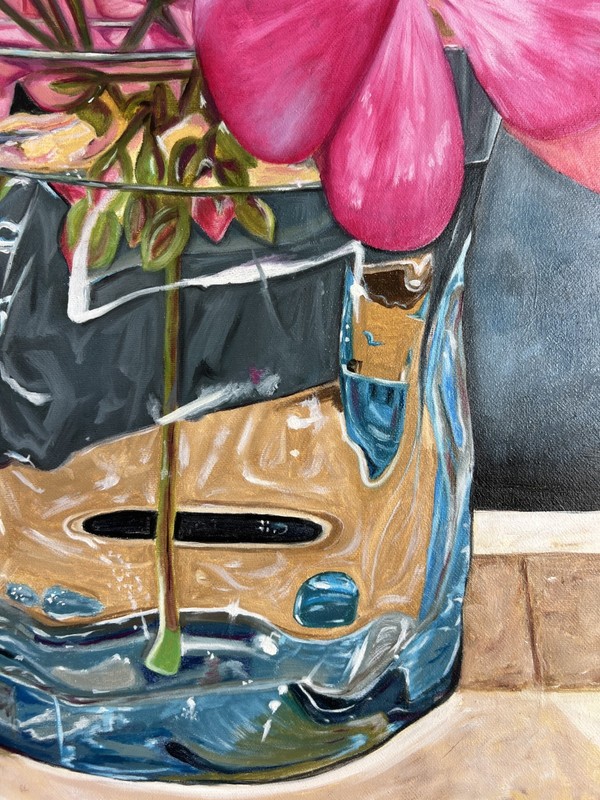 Original Oil Painting Pink Flowers in Glass Vase UNFRAMED 20x24 in gallery