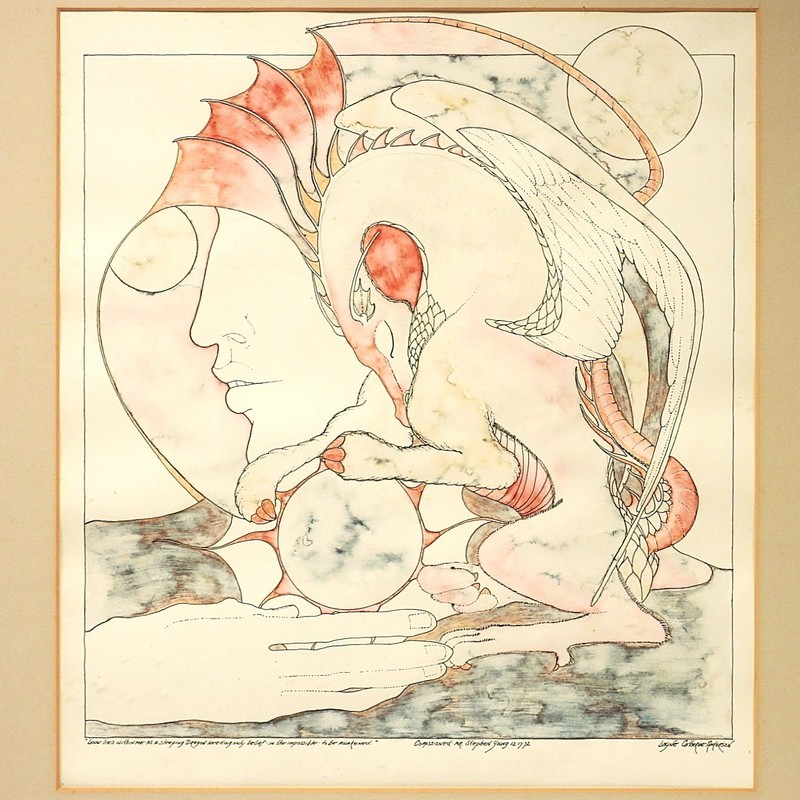 Layne Catherine Anderson New Mexico Artist Surreal Woman Dragon WC Painting