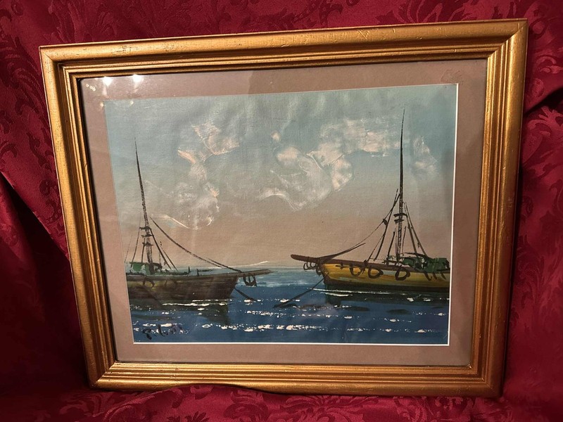 BEAUTIFUL SIGNED 1970s VINTAGE MCM PAINTING HARBOR BOATS WATER OCEAN FRAMED