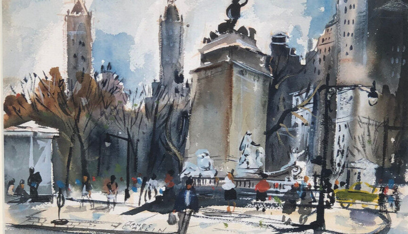 Central Park S., Statue, People 9 3/4 x 13 5/8 W/C Painting-1950s-James Carlin gallery