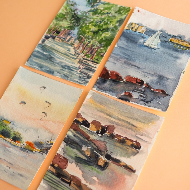 ACEO watercolor original of Oeiras Santo Amaro Beach view on sunset with yacht gallery