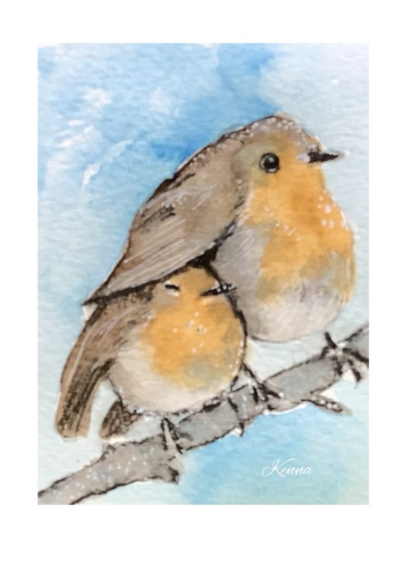 Aceo By Kenna Painting 2 X Robin Red Breast Birds 2.5” X 3.5” Signed Original