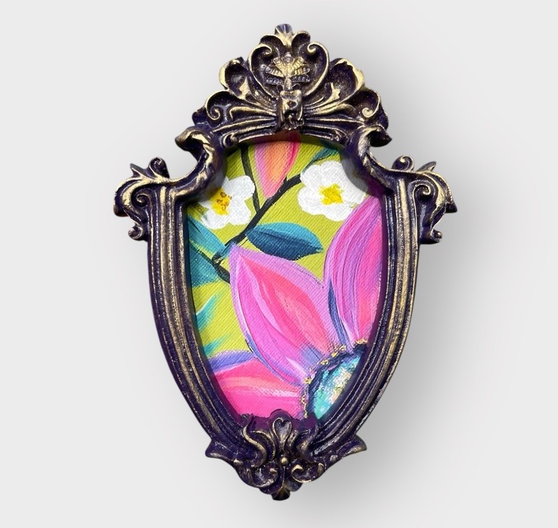 Pink Sunflower colorful floral print of my painting in vtg style ornate frame