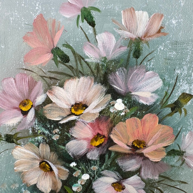 Vtg Dunston Floral Oil Painting Faux Bamboo Frame Flowers Cottagecore Art Boho gallery