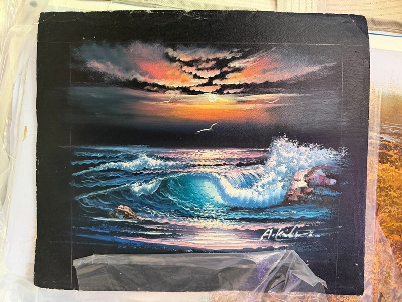 Vintage Dramatic Seascape Crashing Ocean Waves Sunset Decorative Oil Painting