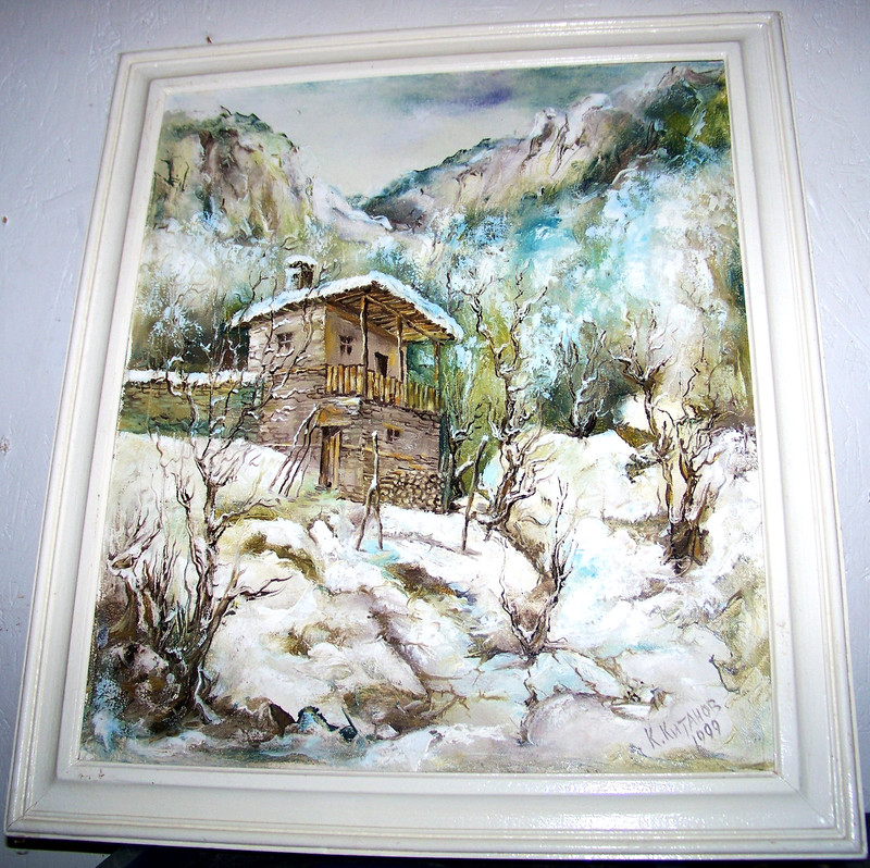 Vintage Art Oil On Canvas Painting «Winter Cabin» 28×24 (K. Kutahob)