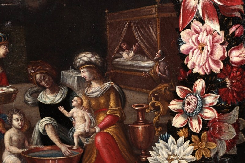 17th CENTURY LARGE DUTCH OLD MASTER OIL CANVAS , Flowers, FIRST BATH OF CHRIST gallery