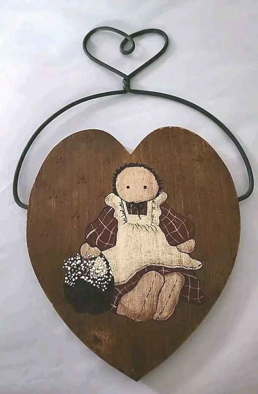 Rare Hand Painted Country Little Girl Cute Doll Wood Metal Wall Art Signed VTG