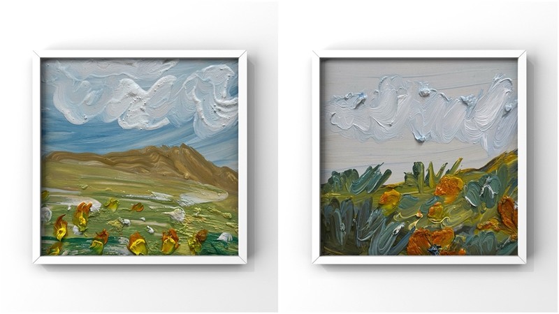 California Poppies Spring Wildflower Landscape Diptych Painting Set Original Art
