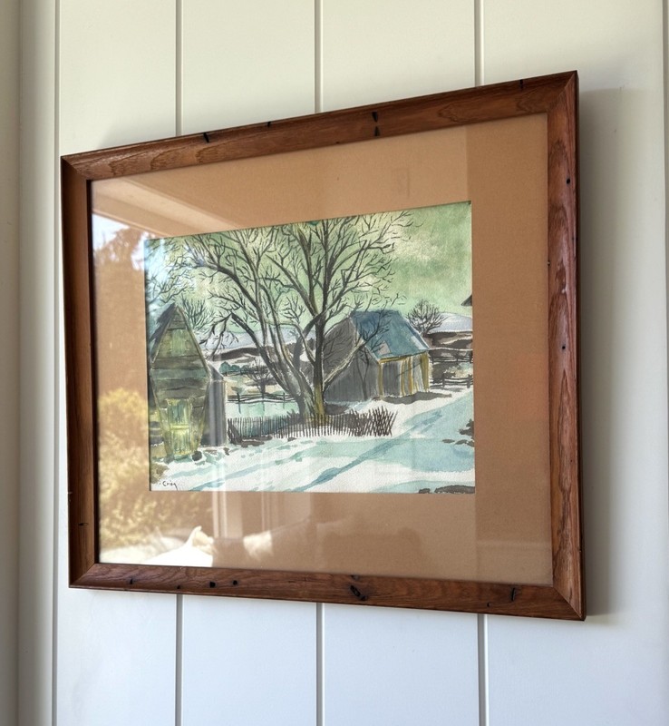 Vintage Watercolor Painting – Winter Farm Scene in Rustic Wood Frame Signed OOAK