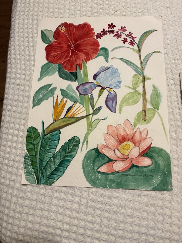 Tropical Floral Watercolor Handpainted Estelle Morton Pugatch 1998 Signed Art