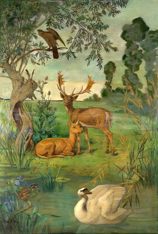 Oil painting wild animals deer Stag and doe & swan birds Hand painted