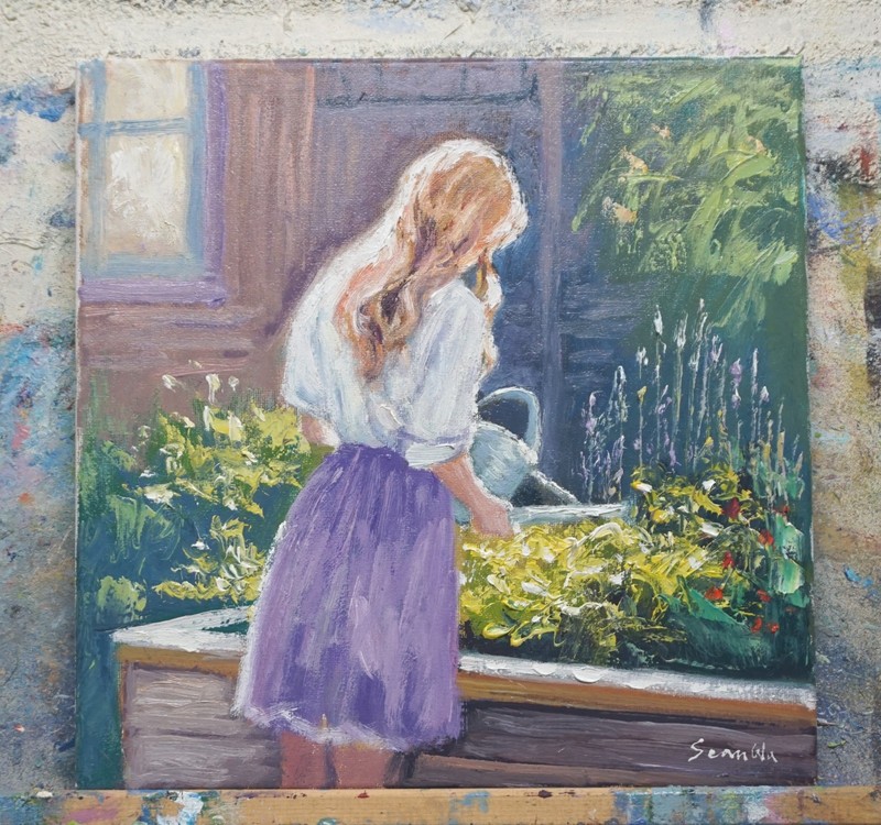 Sean Wu original oil painting, 12x12 on stretched canvas，girl in the garden gallery