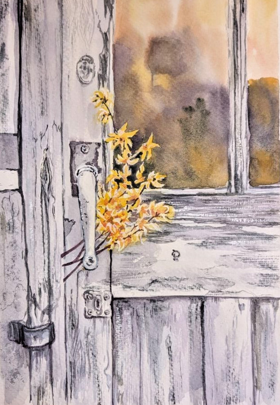 Old Wooden Rustic Door Watercolor Painting Farmhouse Autumn Garden Art