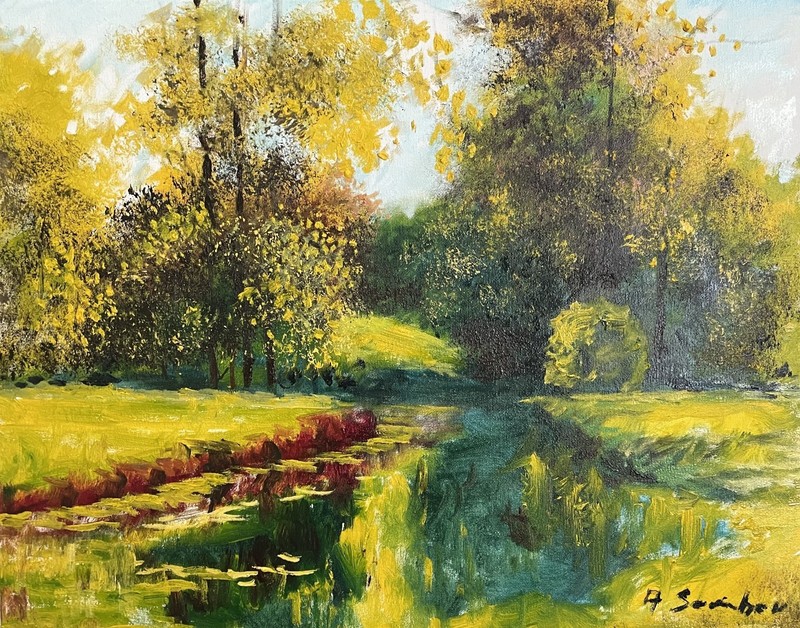Original Oil Landscape Painting on Canvas – Autumn Pond Reflection Impressionit