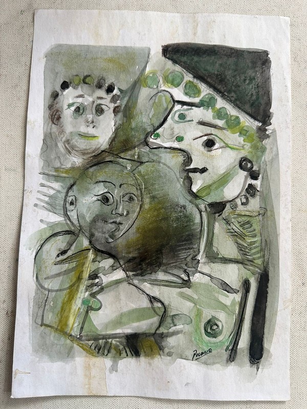 PICASSO drawing on old paper signed stamped vintage