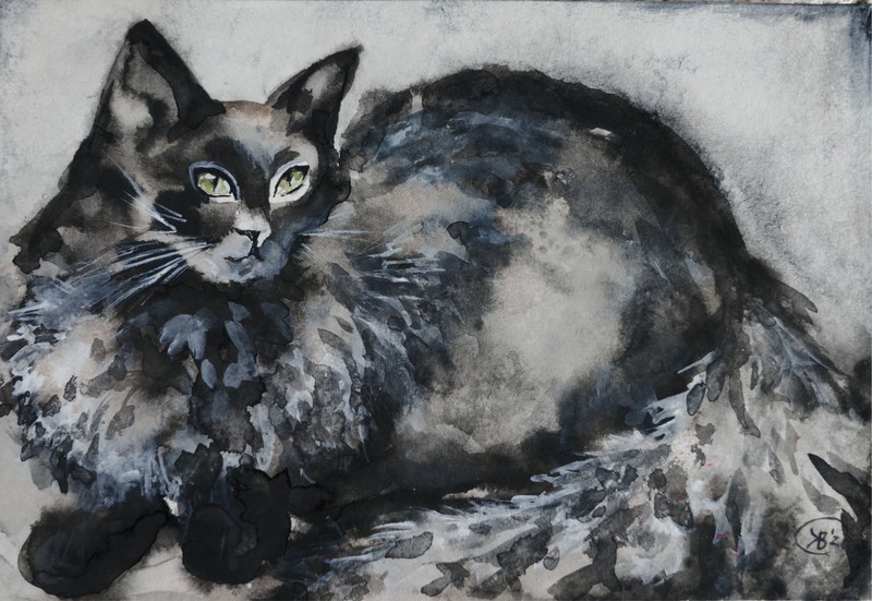 Original Watercolor Black Cat Hand Made 9" * 13,6"