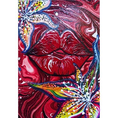 ACEO Original LADY RED Women Love LIPS Flower Abstract Acrylic Art Painting New