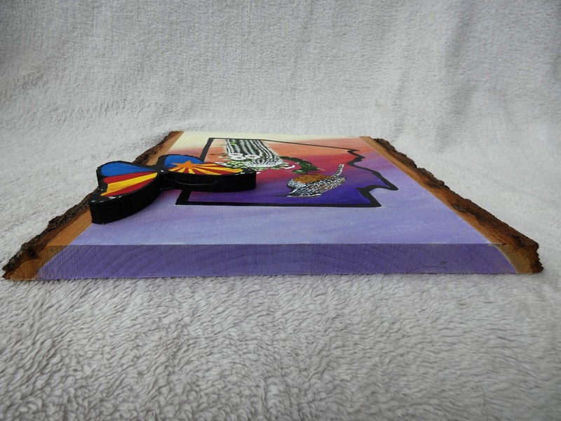 Hand Painted Arizona State Bird, Flower, Flag On Live Edge Basswood By Phyllis gallery