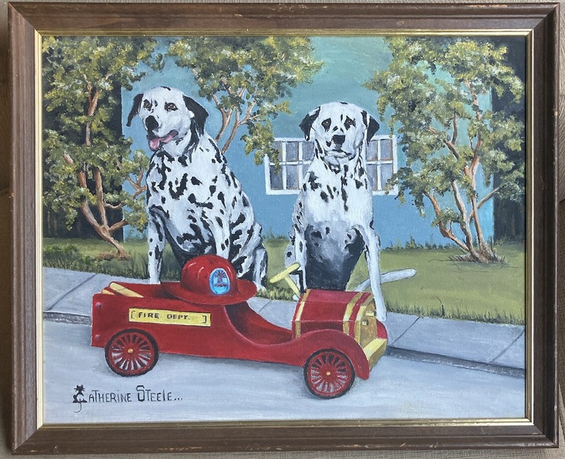 Vintage Original Oil Canvas Fire Station Truck Dalmatian Dogs Catherine Steele